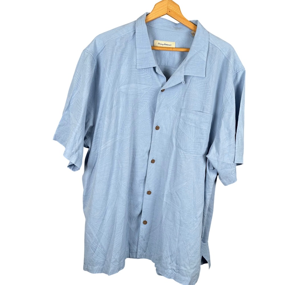 Tommy Bahama Mens XXL Blue Silk Cotton Jacquard Tropical Leaf Camp Shirt